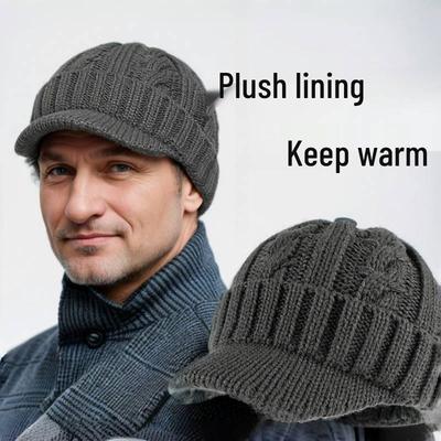 Pălărie caldă de lână rezistentă la vânt pentru bărbați - Tricot cablu cu căptușeală fleece, protecție pentru urechi, pregătită pentru iarnă