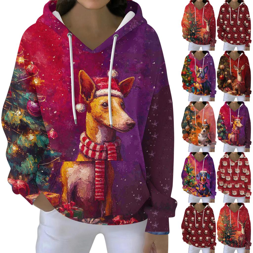 Christmas Hoodies For Women Funny Cute Printed Holiday Sweatshirt Winter Oversized Pullover Tops