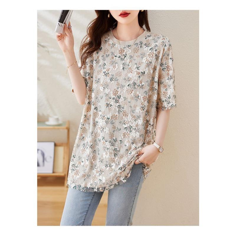 Blumen-Netz-Patchwork-Kurzarm-T-Shirt für Damen Sommer Neu Übergröße Damen Mittellanges lockeres Oberteil