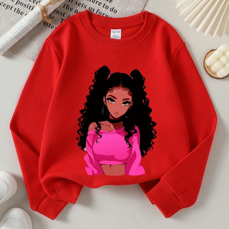 Kids Crewneck Long Sleeve Sweatshirt, Fashion Art Pink Haired Girl Print