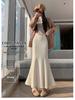 Off-White Fleece-Lined Woolen Mermaid Skirt - High-Waisted 2025 Autumn/Winter Mid-Length Skirt for Women