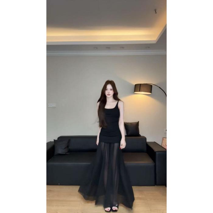 

[Original practice] Danren fairy skirt, cold art department splicing mesh yarn, Xinjiang cotton knitted suspender skirt XL чорний
