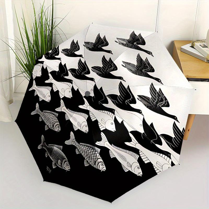 1 Stück Vögel Fische Automatisches Öffnen/Schließen Faltbarer Kompakter Regenschirm, 8-Speichen Stabiles Dach, Leicht Tragbar, Tägliche Nutzung, Geschenk, Outdoor-Regenschirm, Reise