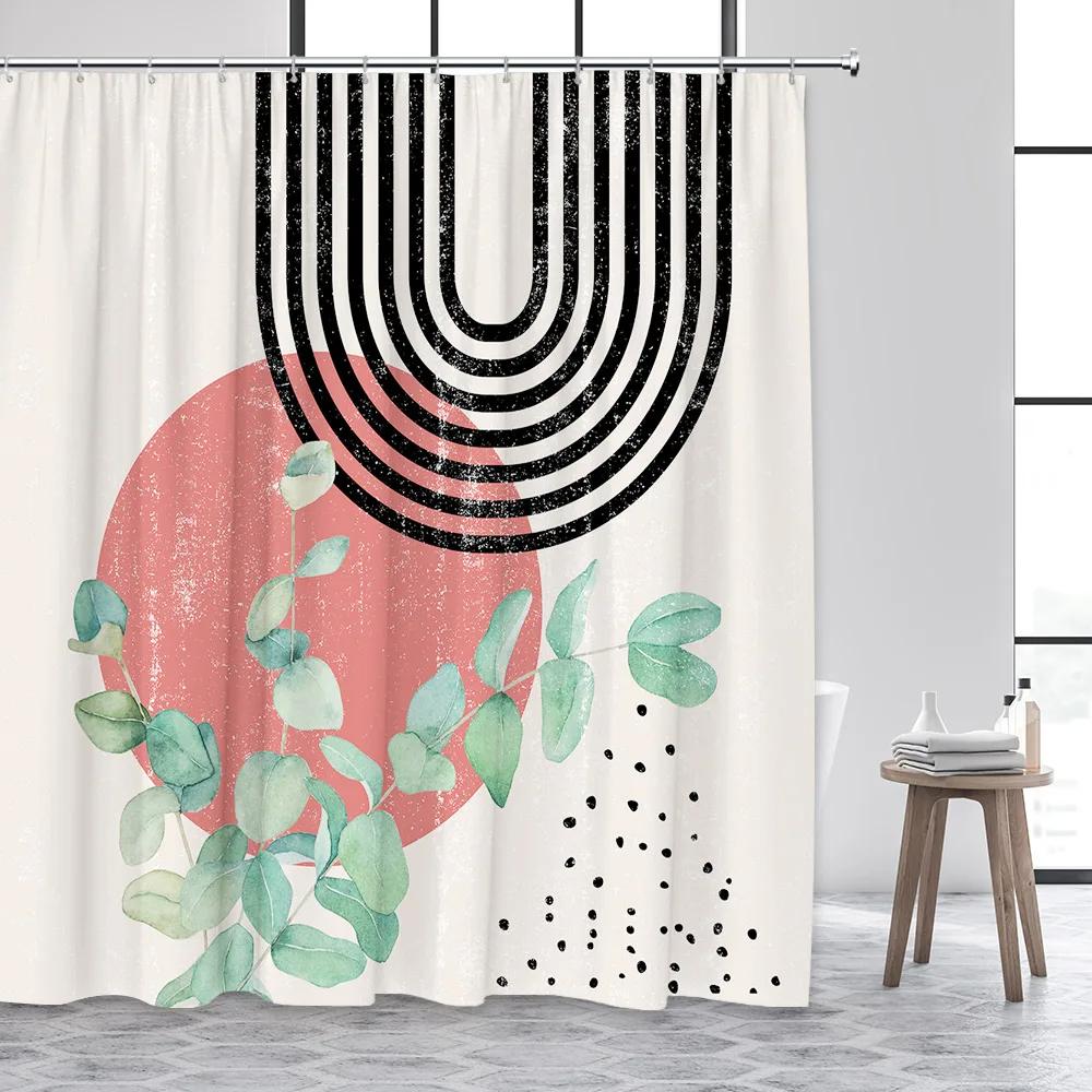 Mid Century Shower Curtains Watercolor Green Leaves Black Line Creative Geometric Modern Bathroom Curtain Polyester Decor
