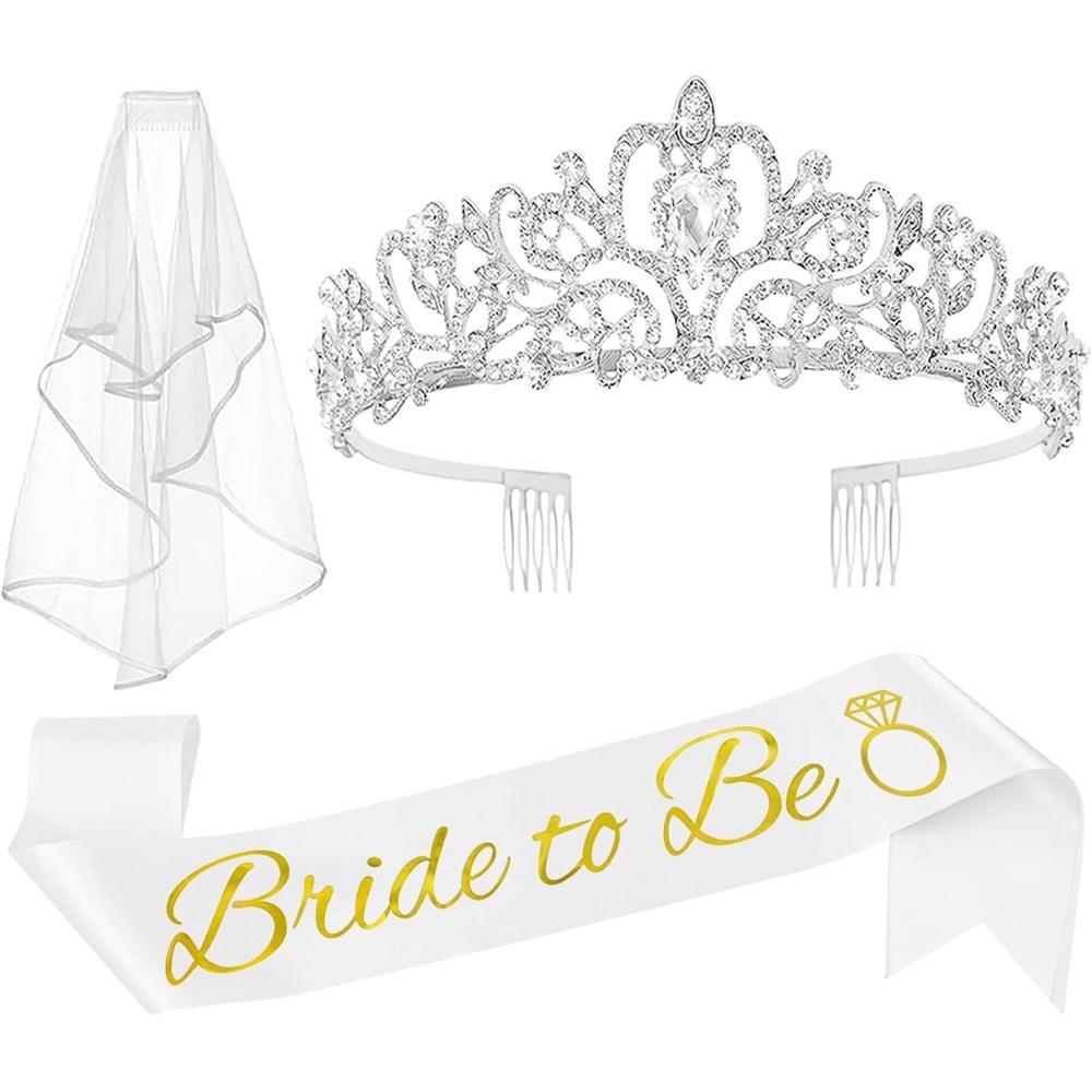 

3-piece bachelorette party decoration set: bride gift crown, bride-to-be sash and veil