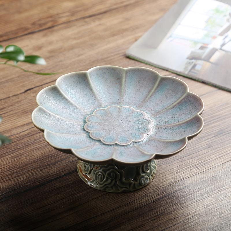 Chinese Retro Glazed Ceramic Plate High Foot Fruit Dish Japanese Zen Tea Tray for Home
