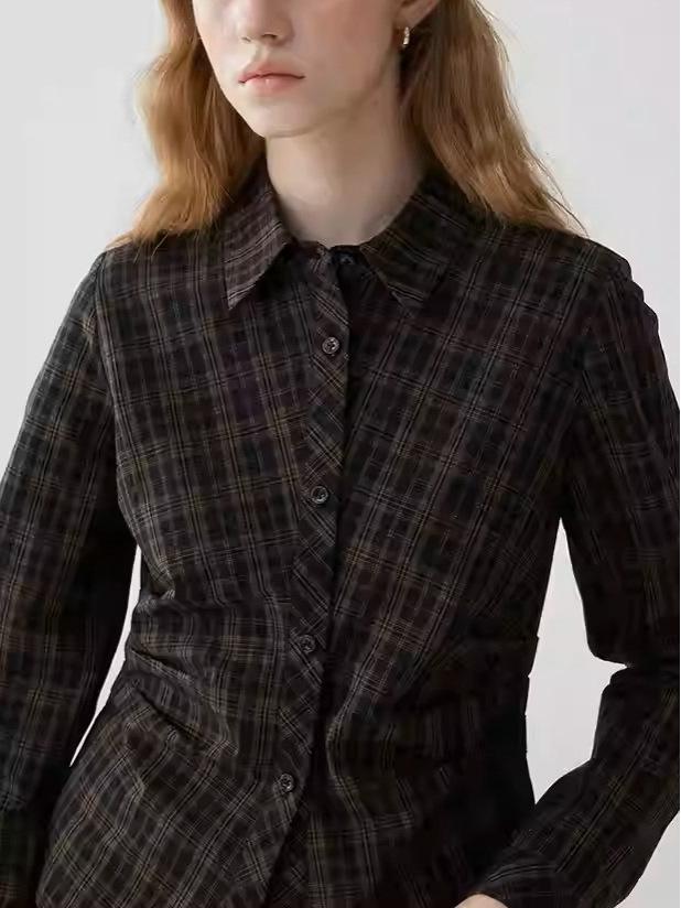 Women's Retro Plaid Pleated Waist Shirt - New Autumn/Winter Slim Lapel Top
