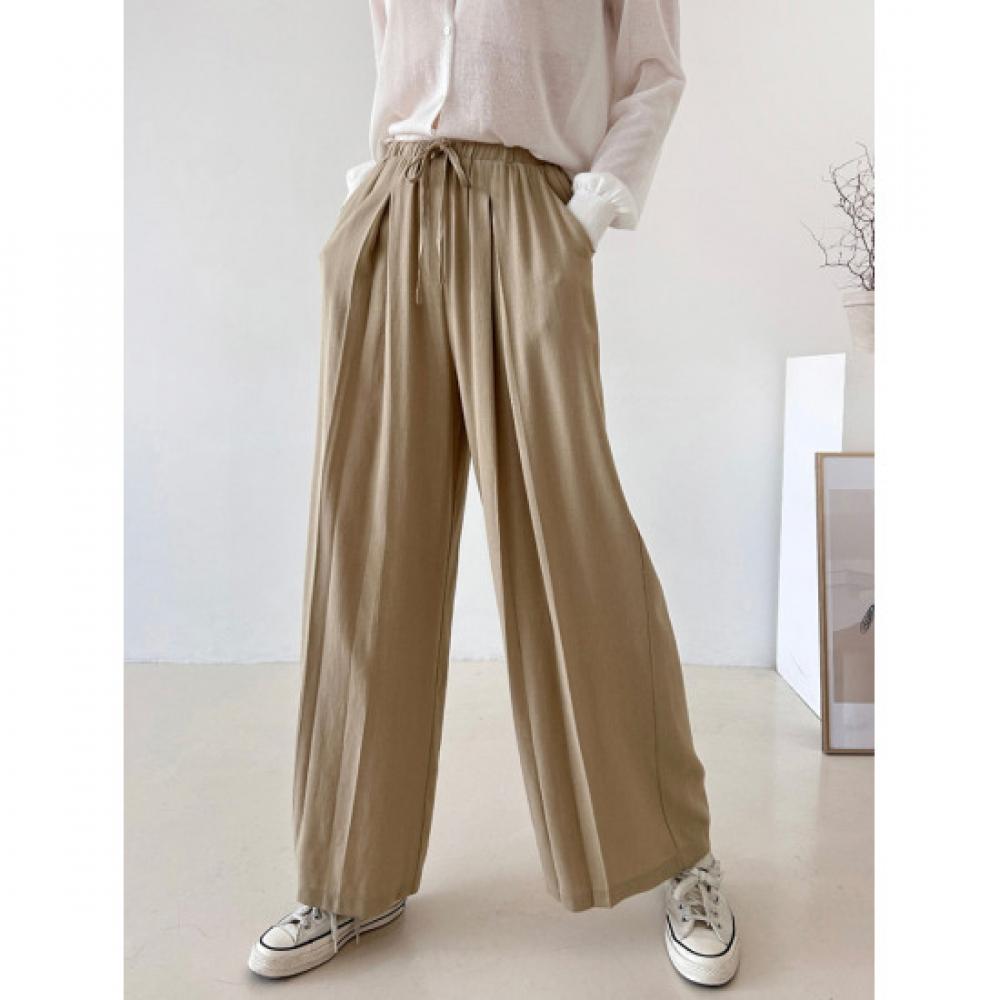 Shop Women Ribbon Waistbanding Front Tuck Summer Wide Pants Beige Nys Wpt 4472