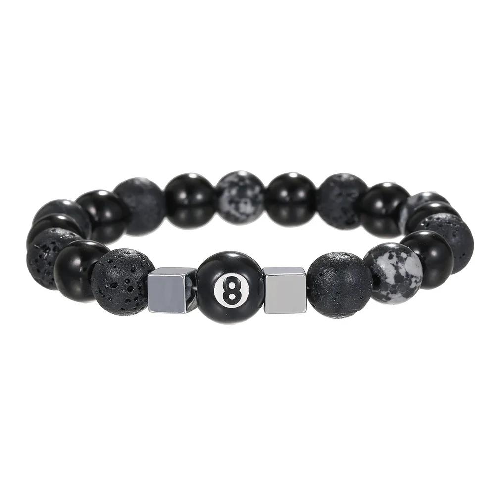 Retro Fashion 10mm Natural Black Agate Stone Beaded Bracelet for Men Punk Style Number 8 Cross Bangle Hip Hop Rock Jewelry Gift