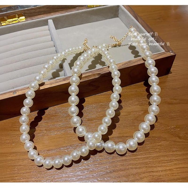 Vintage Faux Pearl Necklaces White Imitation Pearl Chain Choker Necklace Temperament Beaded Necklace For Wedding Party Wear