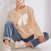 Three-dimensional Lace Bow Patchwork Autumn and Winter Loose, Comfortable and Casual Solid Color Long-sleeved Top with Round Neck