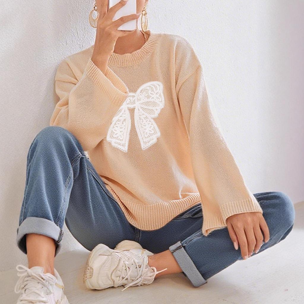 Three-dimensional Lace Bow Patchwork Autumn and Winter Loose, Comfortable and Casual Solid Color Long-sleeved Top with Round Neck