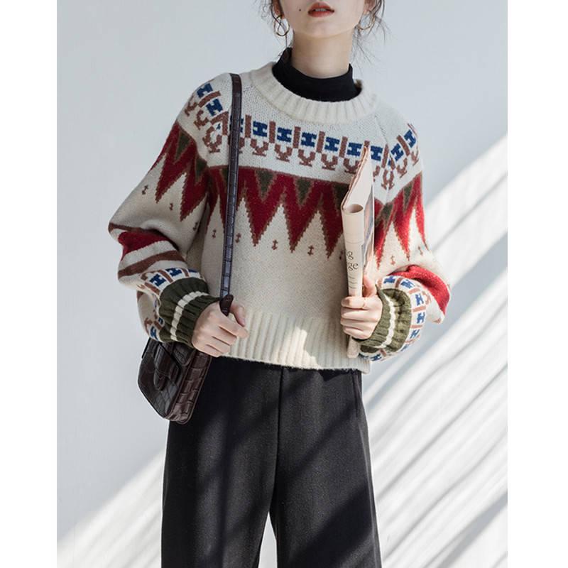 

Pofulove короткий ретро свитер с ромбами женский свободный осенне-зимний толстый рождественский свитер с длинными рукавами