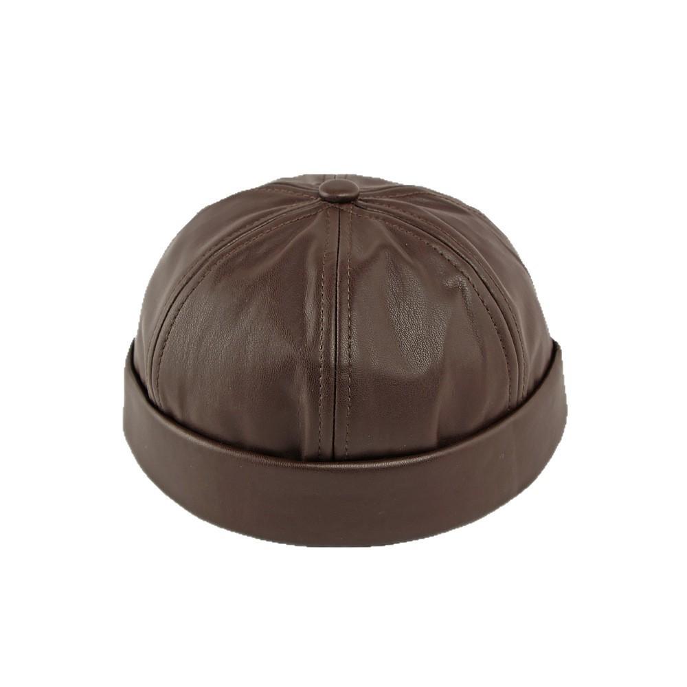 Unisex PU Leather Brimless Cap Retro Docker Hat Sailor Miki Beanie Rolled Cuff Skullcap Yuppie Streetwear Melon Cap
