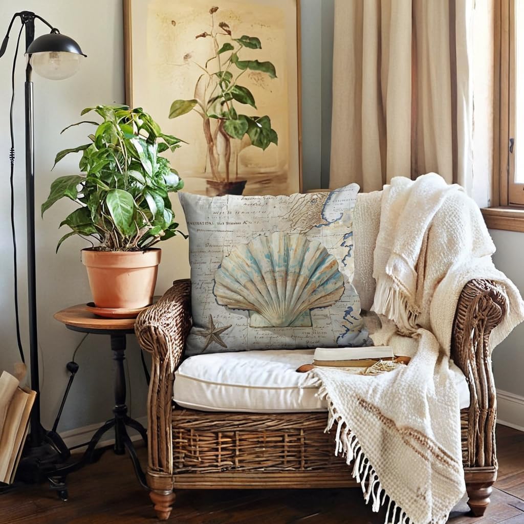 7COLORROOM Nautical Throw Pillow Covers 18 X 18 inches,Vintage Map Background Seashell Starfish Cushion Cases Beach Sea Style Design Home 4Pack