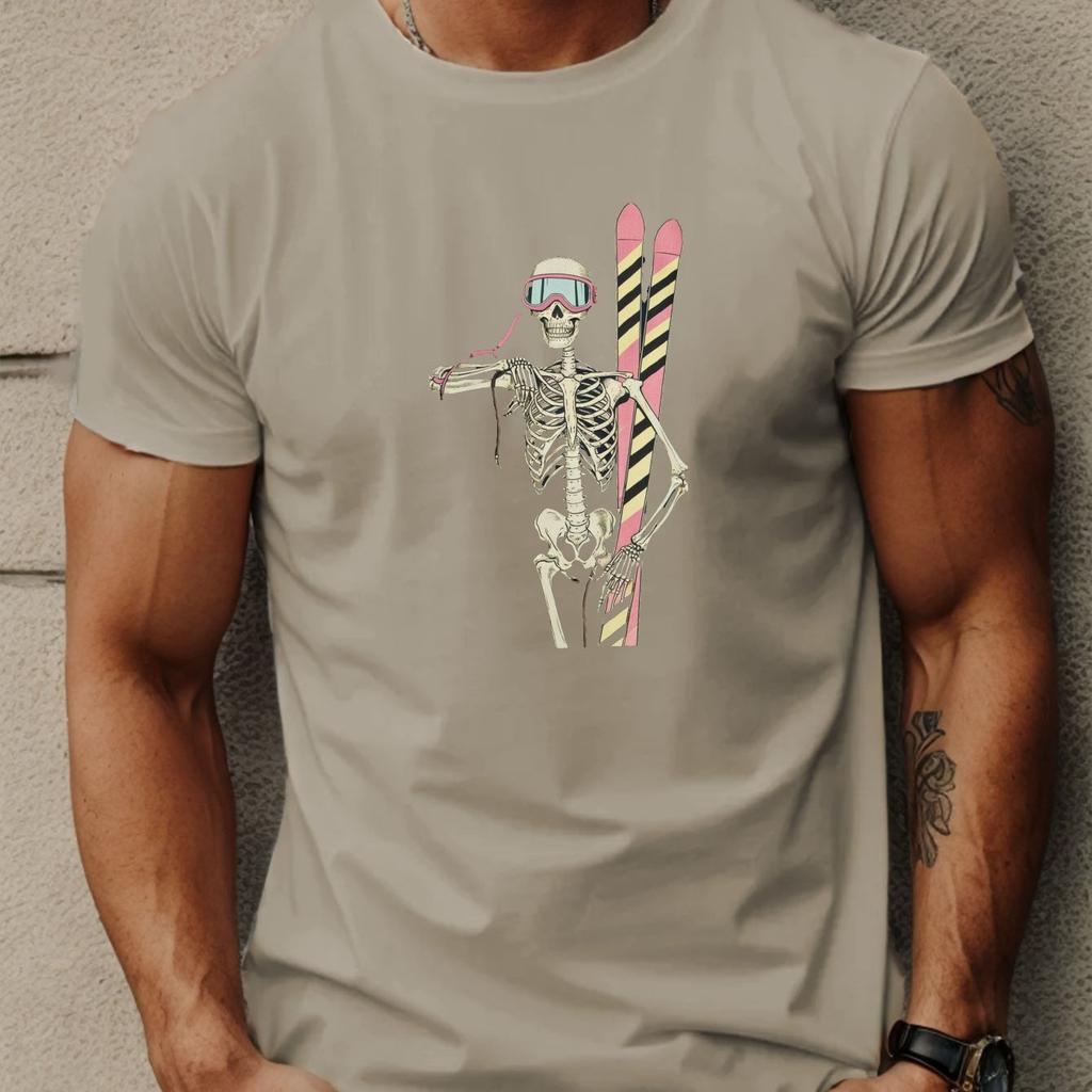 Retro Skeleton Skier Graphic Tee Mens Breathable Cotton Casual TShirt