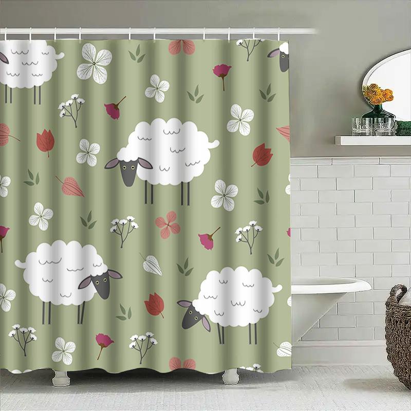 Modern Farmhouse Sheep Pattern Shower Curtain Green Decor Home Decoration Waterproof Liner For Bathtub In Bathrooms