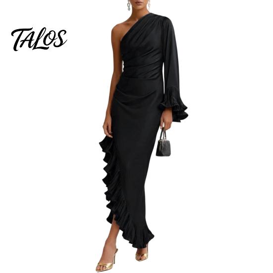 Talos Women's One Shoulder Asymmetric Ruffle Satin Dress, Formal Evening Party Gown, Long Sleeve Ruched Bridesmaid Dress
