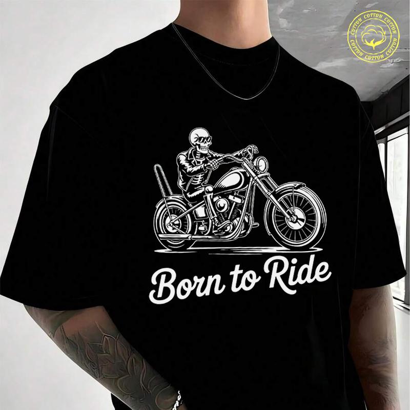 Men's Moto T-Shirt Born To Ride Skeleton Biker Casual Street Suitable For Travel And Sports Tee