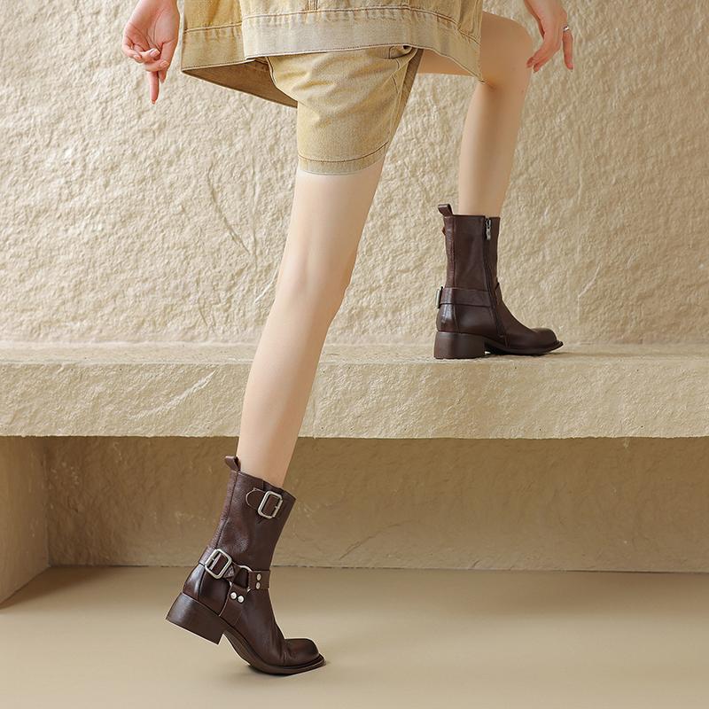 Fashion 2024 Autumn Women Boots Genuine Leather Women Shoes Round Toe Chunky Heel Boots Winter Modern Boots Mid-calf Platform Boots