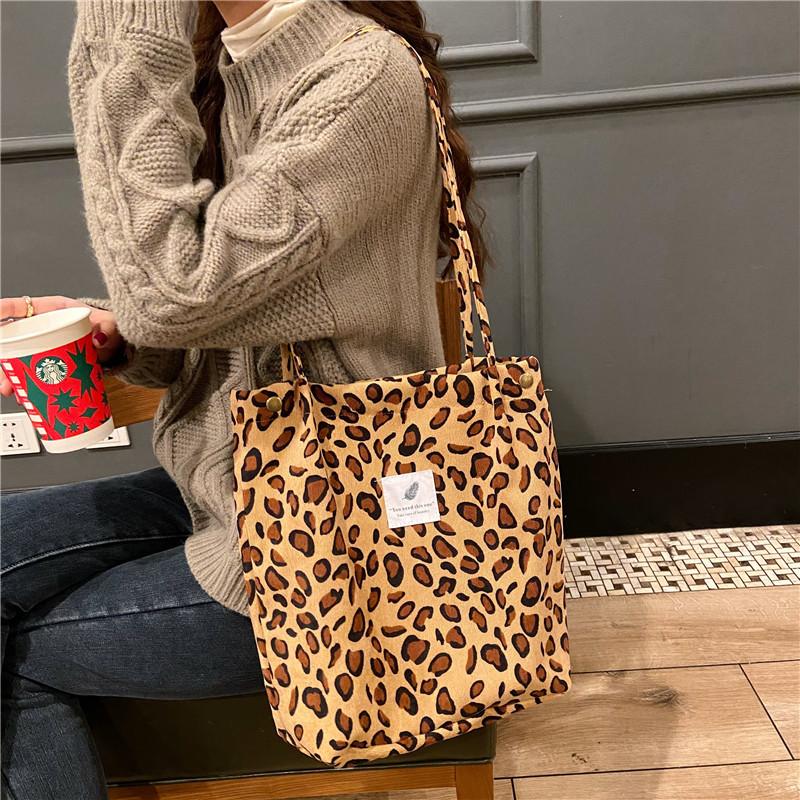 Retro Corduroy Women's Shoulder Bag Large Capacity Student Girls Casual Tote Book Handbags Flower Leopard Female Shopping Bags