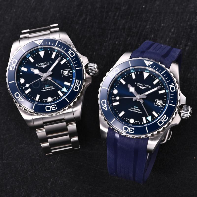 Longines HYDROCONQUEST Concas Taucheruhrenserie GMT Automatik Mechanisches Uhrwerk 300 Uhr 43mm Blaues Zifferblatt Edelstahlgehäuse Kautschukarmband L3.890.4.96.9