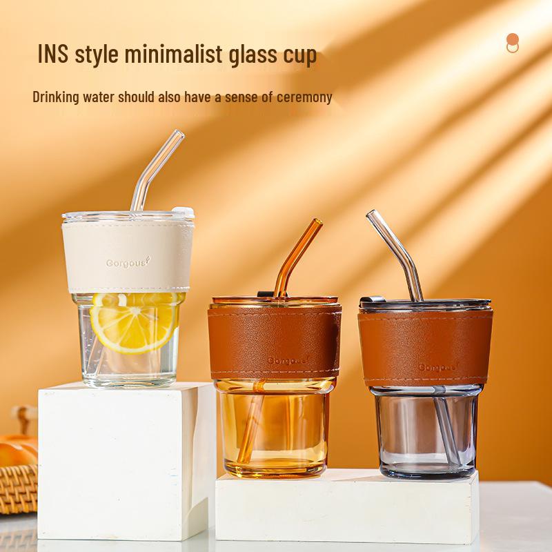 Stylish Summer Fruit Tea Glass Cup with Straw & Double Lid