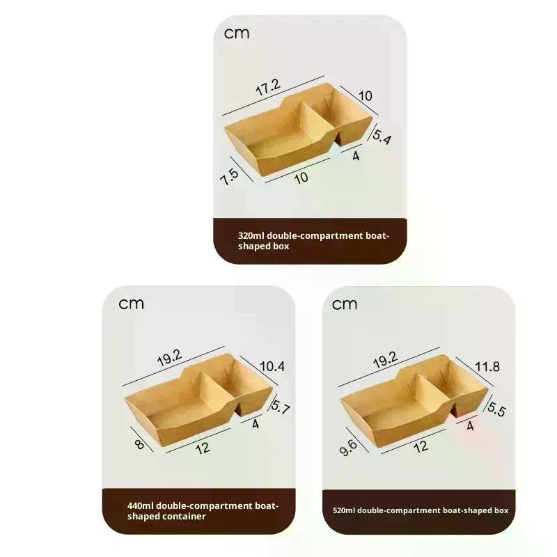 50 Stück Einweg Kraftpapier Lebensmittel Serviertablett Zwei Fächer Snack Pommes Hähnchen Salat Karton Zum Mitnehmen Behälter für Party