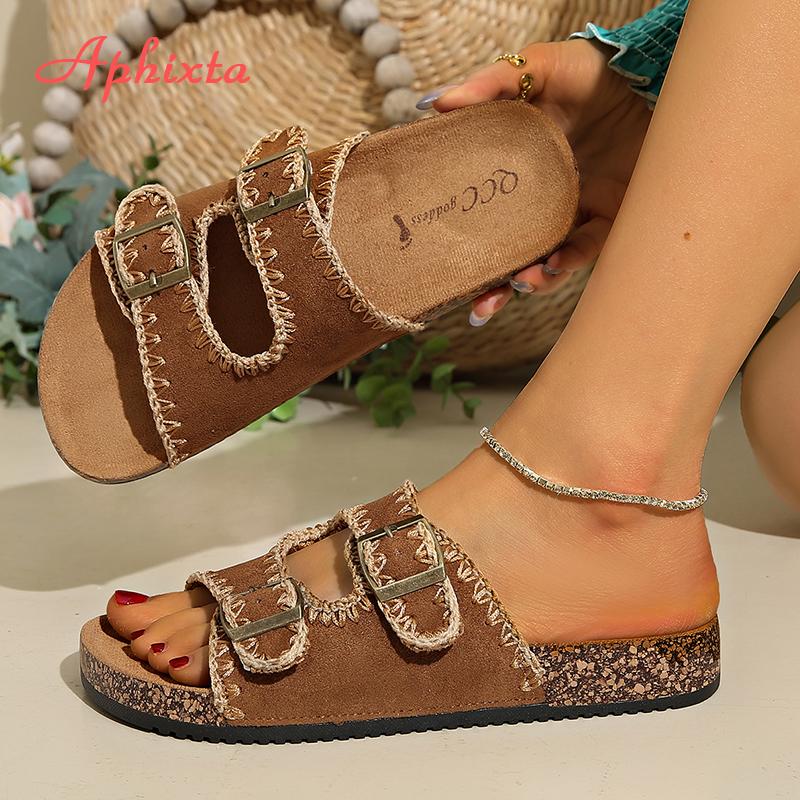 Aphixta Sewing Brown Sandals For Women Outdoor Casual Flip-flops Vacation Beach Shoes With Buckle Women Cork Footbed Slides