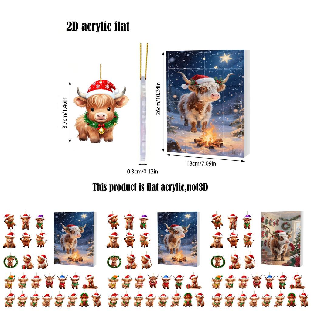 Christmas 24day Advent Calendar With Acrylic Cow Ornament For Holiday Gift Giving