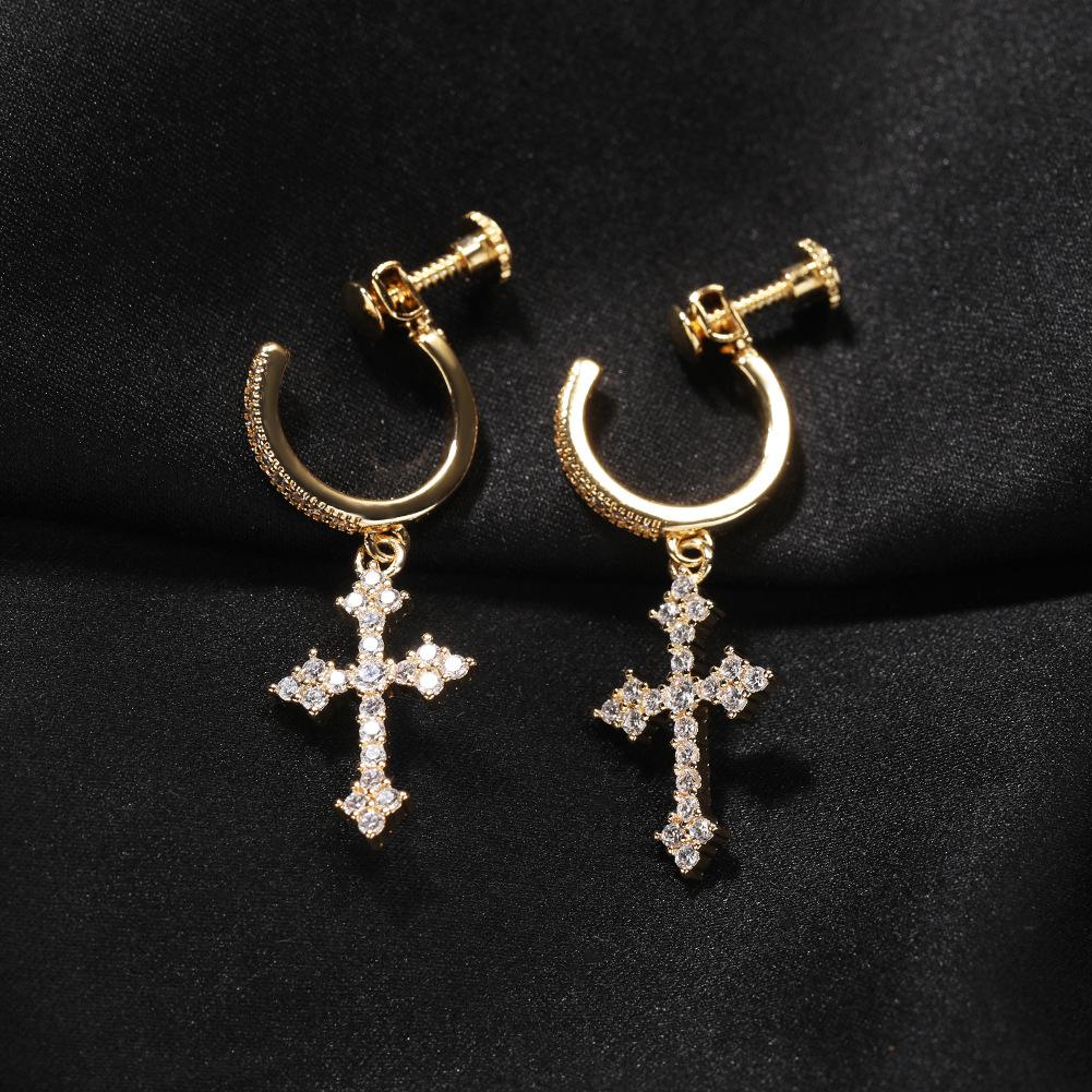 Hip Hop Spiral Buckle Cross Earrings Men's Street Versatile Zircon Nightclub Earrings Wind Earrings