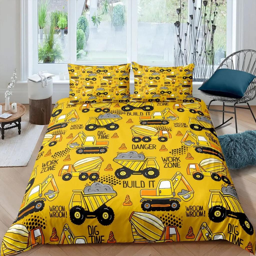 Kid Excavator Duvet Cover Tractor Truck Bedding Set Construction Vehicle Cartoon Comforter Cover Crane Car Polyester Quilt Cover