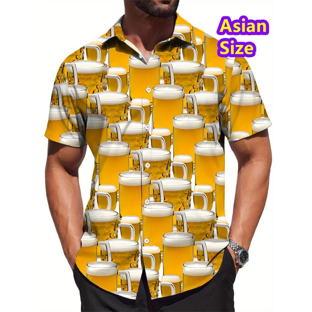 Hawaiianisches Hemd Mann Streetwear Auto Bier 3D Druck Grafik Straße Strand Herrenhemd Lässig Kurzarm Hemd mit Knöpfen Mann Oberteil 4XL orange