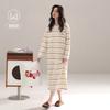 Womens Cotton Long Sleeve Nightgown With Built-in Bra Striped Sleepwear Home Dress