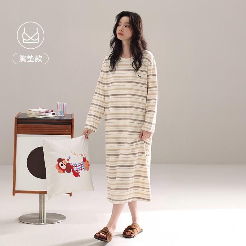 Womens Cotton Long Sleeve Nightgown With Built-in Bra Striped Sleepwear Home Dress
