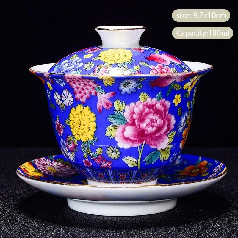 Chinese Enamel Color Ceramic Gaiwan Pot Bearing Handmade Flowers Porcelain Tea Bowl Teacup Household Tea Infuser Travel Teaware