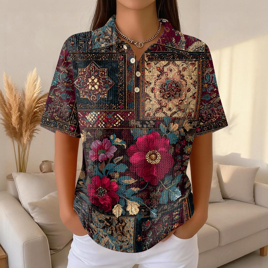 Women's Casual Short Sleeve Retro Floral Print Waffle Knit Polo Shirt Button Down Top with Classic Collar for Everyday Wear