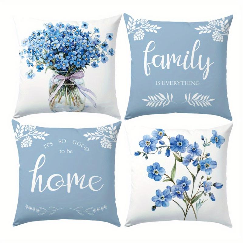 Vikama Light Blue Flower Illustration Throw Pillow Cover, Home Decoration Throw Pillow Cover, Living Room Sofa Cushion Cover