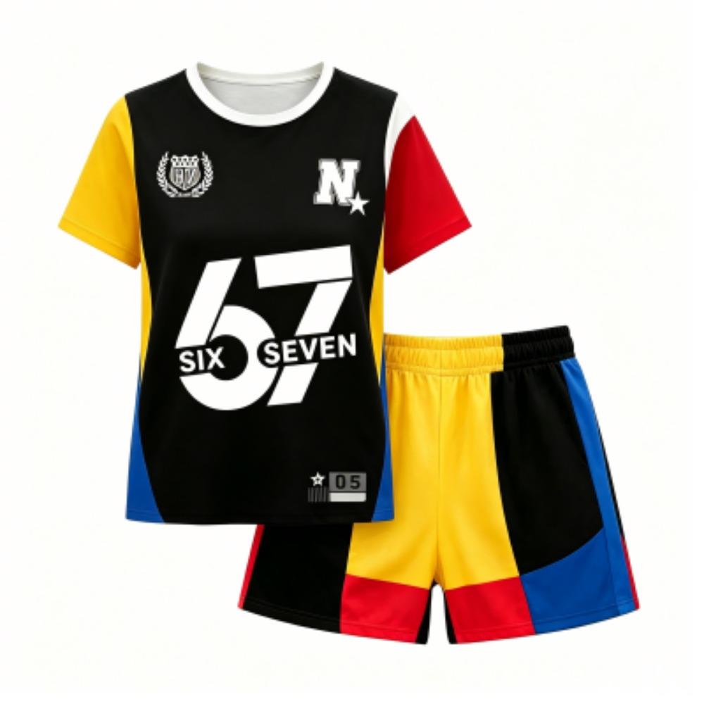 Europe and America Fashion 67 Print Outdoor Street Kids T-shirt and Shorts 2 Piece Set Summer Home Casual Outfit Boy and Girl s Sports Set 100