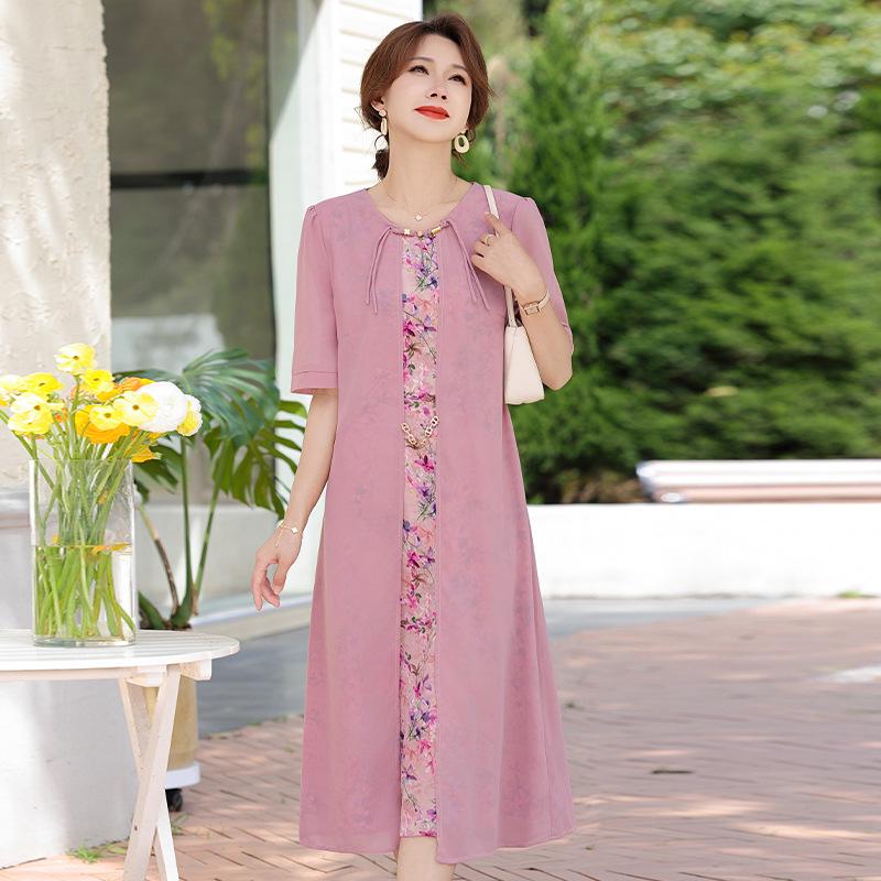 Mom's Summer New Chinese Short Sleeve Plus Size Chiffon Dress for Middle-Aged & Elderly Women - National Style Belly Cover