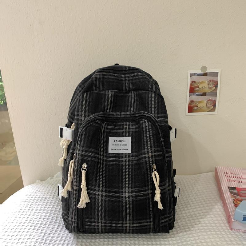 2025 New Plaid Cotton and Linen Double Backpack for Girls To Travel Lightly and Go Out Daily with Backpack Schoolbag