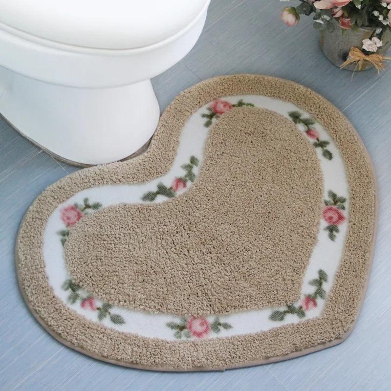 Heart Shape Nonslip Bath Mat Embroidered Toilet Rug Kit Water Absorption Door Mat for Bathroom Toilet Bedroom Floor Mat