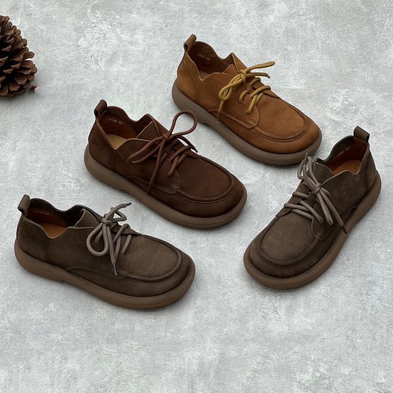 Handgefertigte Damen Retro High-Top Ballerinas aus echtem Leder mit runder Spitze und Schnürung