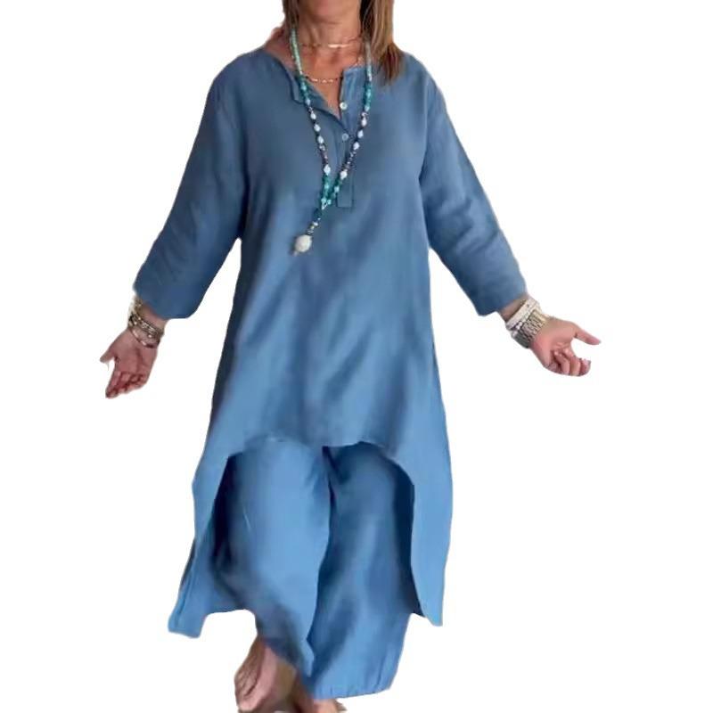 Summer Solid-colour Sophisticated-style Casual Cotton-linen Set for Women with Three-quarter Sleeves and Cropped Trousers