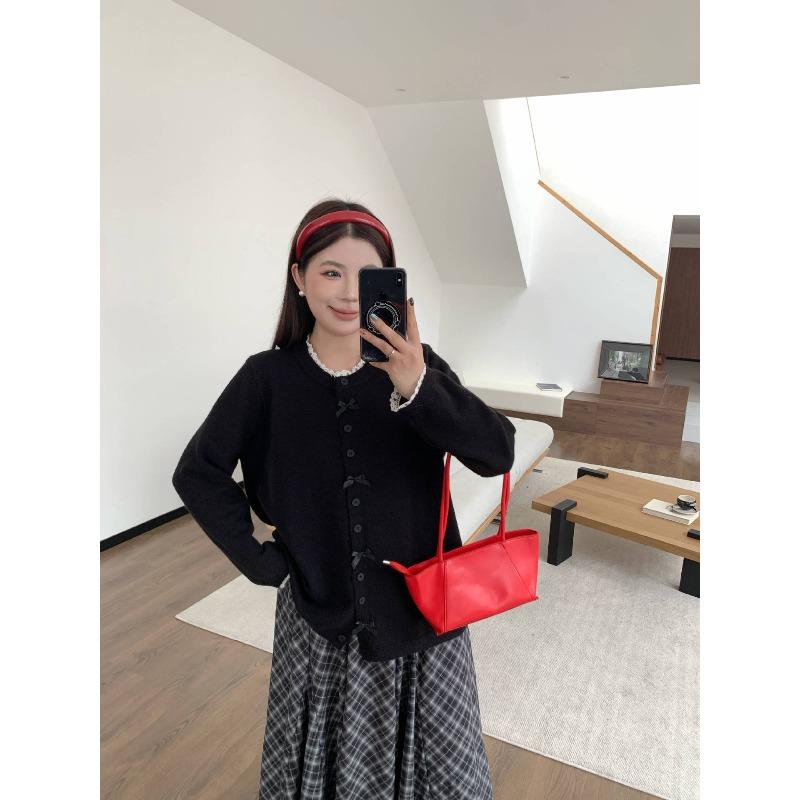 Autumn and winter new large-size women's clothing bow button knitted cardigan jacket casual versatile loose crew neck knitted sweater