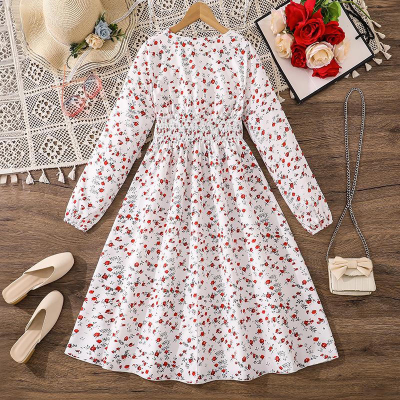 Sweet Dress for Girls, Autumn Children's Fashion Floral Long-sleeved Cinched Waist Dress