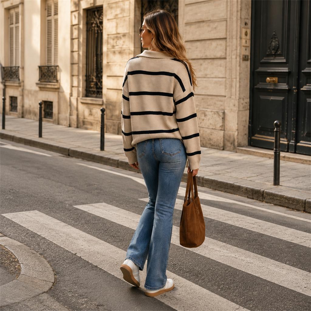 Cross border women's knitted sweater with European and American , casual collar and striped knitted sweater
