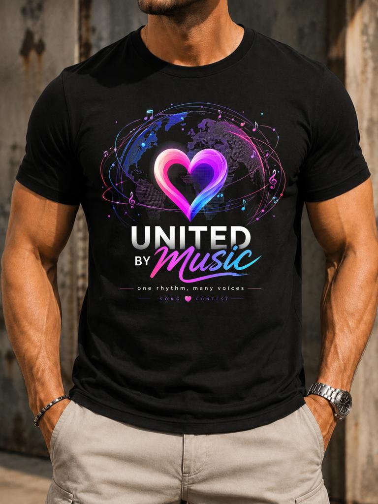 United By Music Glowing Heart Over World With Orbiting Notes One Rhythm Unisexy Voices Song Contest Unisex All Tshirt