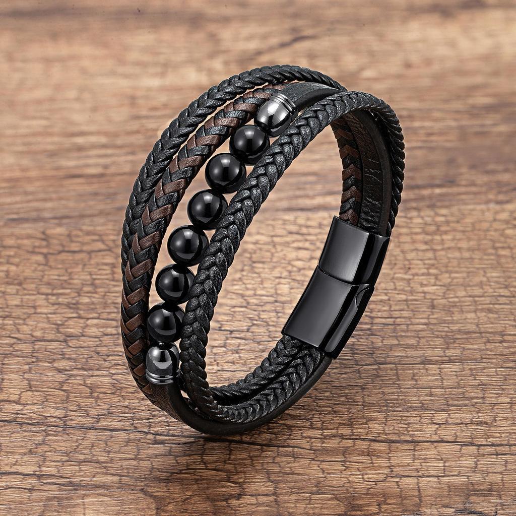 2026 European and American Buckle Fashion Jewelry Multi-layer Leather Rope Hand-woven Bracelet Stone Bracelet