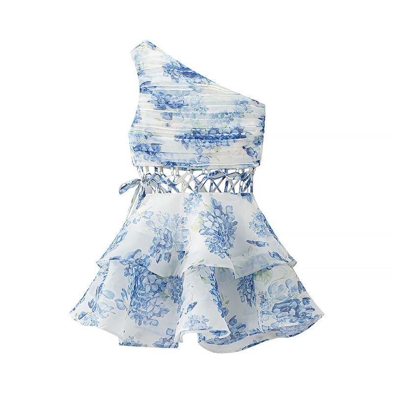 

Bali Sunset French style Beautiful Atmosphere Sexy One Shoulder Waist Hollow out Waist Hugging Floral Puffy Dress Blue Print S